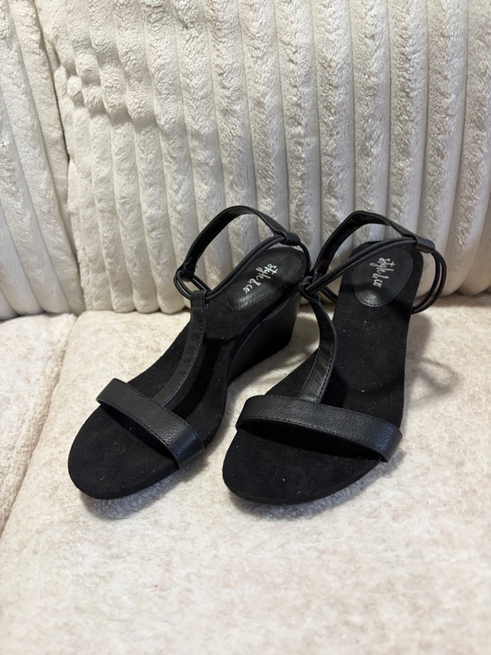 Style & Co. Black T-Strap Wedge Sandals
